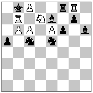 A chess board with the pieces in a strange position. From left to right, top to bottom, they are: a blank space, a black king, a black pawn, space, space, black rook, white rook, space, space, white rook, space, white knight, black bishop, space, black pawn, space, space, white pawn, white pawn, space, white pawn, black pawn, space, black bishop, black pawn, space, black knight, space, black knight, space. The rest of the tiles are empty.