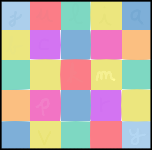A blank 5x5 grid of multicolored squares. There are twenty-five squares in all, almost enough for a full alphabet. In fact, you can just barely make out a few letters. A 'J' in the top left square (1,1), A 'p' lower down (2,4). You'll need some tool to reveal the full grid, a blacklight, perhaps.