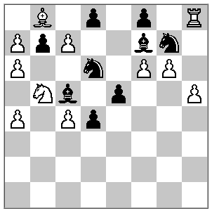 A chess board with the pieces in a strange position. From left to right, top to bottom, they are: a blank space, a white bishop, space, black pawn, space, black pawn, space, white rook, white pawn, black pawn, white pawn, space, space, black bishop, black knight, space, white pawn, space, space, black knight, space, white pawn, white pawn, space, space, white knight, black bishop, space, black pawn, space, space, white pawn, white pawn, space, white pawn, black pawn. The rest of the tiles are empty.